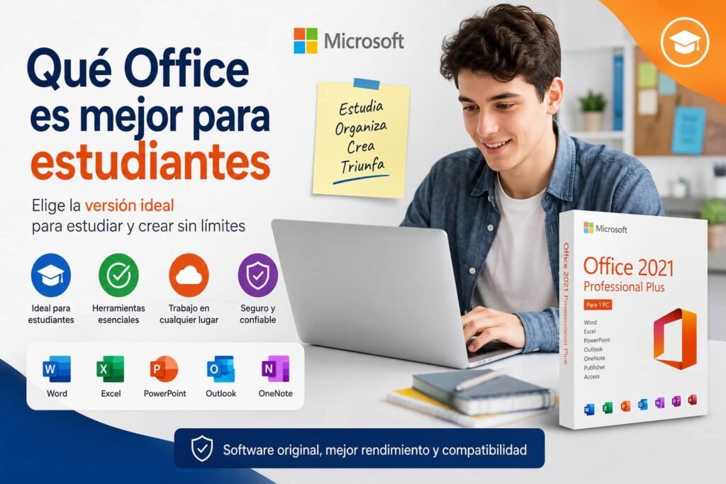 Estudiante utilizando Microsoft Office 2021 original en laptop para estudiar y realizar trabajos académicos en Perú