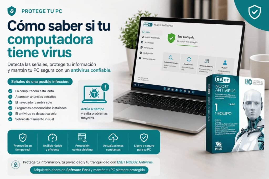Computadora portátil protegida con ESET NOD32 Antivirus mostrando detección de virus y seguridad en tiempo real en Windows